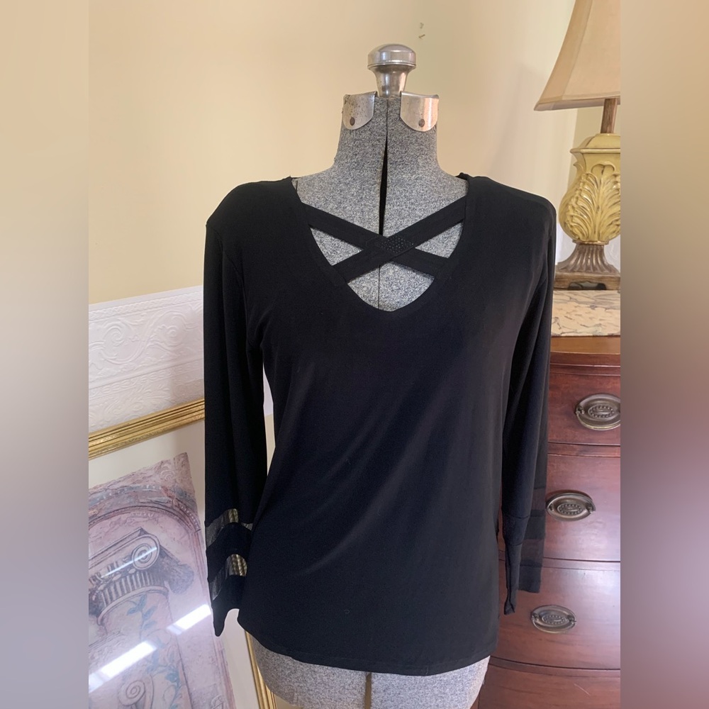 Vintage 80’s Clara S Blouse Black Sheer Striped Wrists Sparkle X Neck Size Small